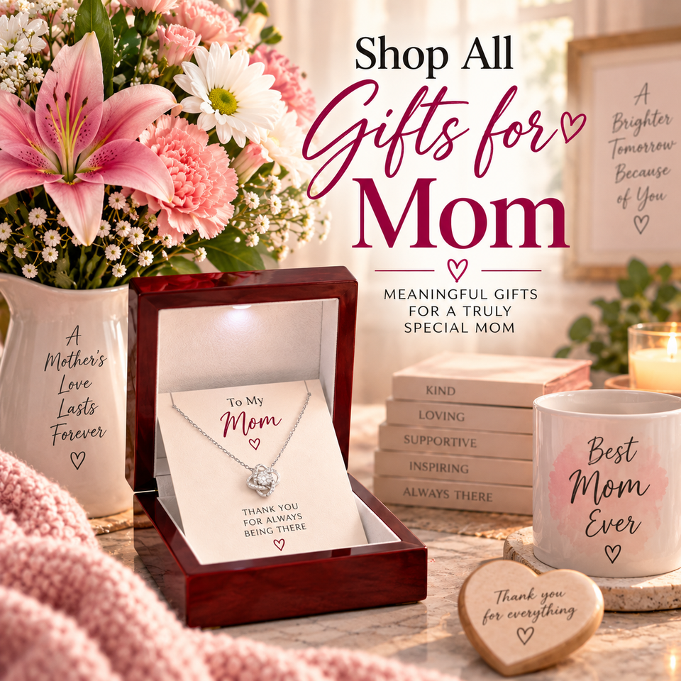 Meaningful gifts for Mom collection featuring jewelry, flowers, keepsakes and a luxury gift box