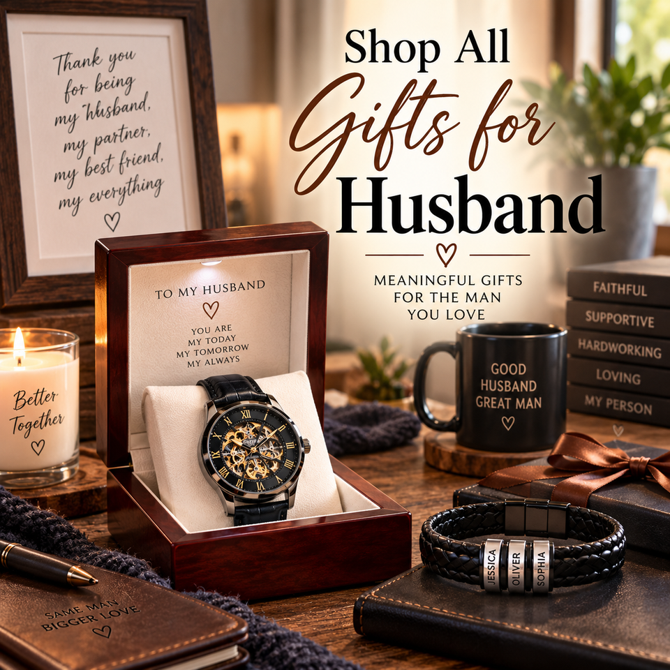 Meaningful gifts for husband collection featuring a watch, personalized bracelet and luxury gift box