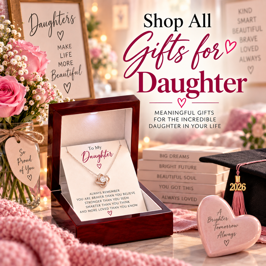 Shop Gifts for Daughter collection featuring meaningful daughter necklaces in elegant gift boxes, personalized keepsakes, and heartfelt jewelry gifts for birthdays, Christmas, and special occasions.