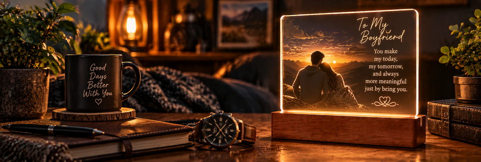 LED acrylic keepsake for boyfriend glowing on a wooden base in a warm masculine bedroom setting with a watch, journal and mug.
