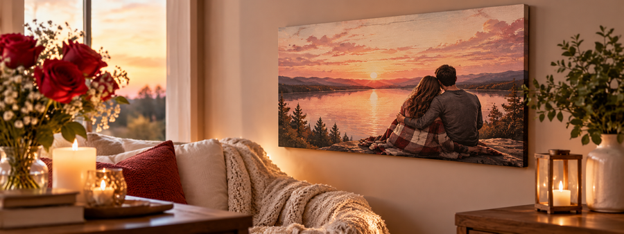 Romantic wall art for wife featuring a canvas of a couple embracing at sunset over a peaceful lake, displayed in a cozy living room with roses and candles.