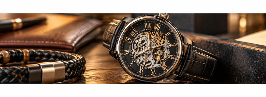Luxury skeleton wristwatch with black leather strap and gold accents displayed beside a braided leather bracelet on a rustic wooden surface, representing watches and bracelets for husbands.