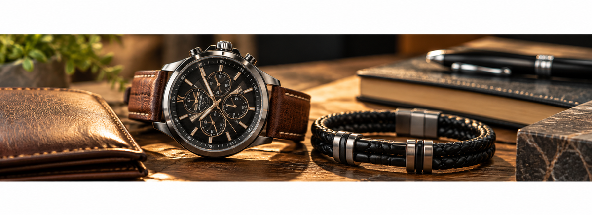 Men's chronograph watch with brown leather strap and black braided bracelet displayed on a rustic wooden surface, representing meaningful watches and bracelets for sons.