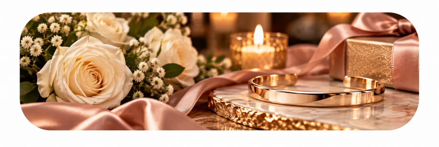 Elegant gold cuff bracelet displayed on a marble surface surrounded by ivory roses, blush satin ribbon, soft candlelight, and a luxury gift box, showcasing a romantic and meaningful bracelet gift for a woman.
