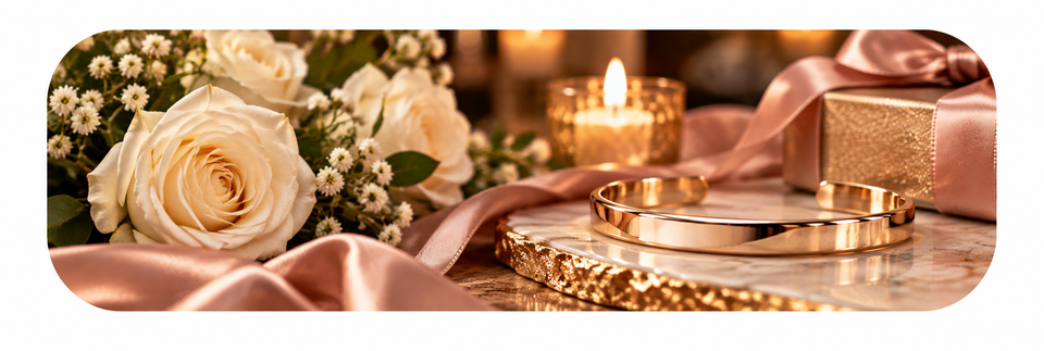 Elegant gold cuff bracelet displayed on a marble surface surrounded by ivory roses, blush satin ribbon, soft candlelight, and a luxury gift box, showcasing a romantic and meaningful bracelet gift for a woman.
