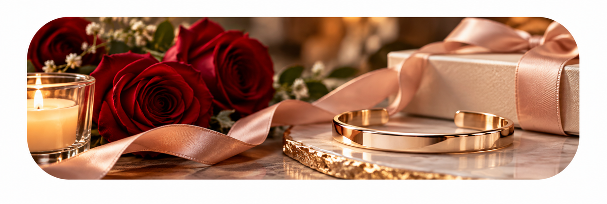 Elegant gold cuff bracelet displayed on a marble surface surrounded by red roses, blush satin ribbon, candlelight, and a luxury gift box, representing romantic and meaningful bracelet gifts for wives.