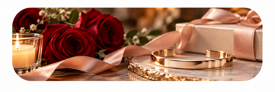 Elegant gold cuff bracelet displayed on a marble surface surrounded by red roses, blush satin ribbon, candlelight, and a luxury gift box, representing romantic and meaningful bracelet gifts for wives.