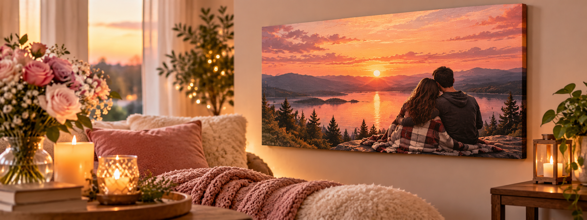 Romantic wall art for girlfriend featuring a canvas of a couple embracing at sunset overlooking a lake, displayed in a cozy room with pink roses and candles.