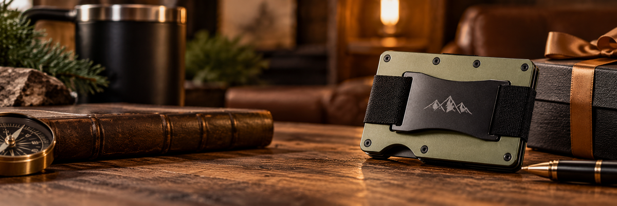 Wallets for Son collection banner featuring a green metal wallet with a black money clip, displayed on a rustic wooden table alongside a compass, leather journal, and gift box.