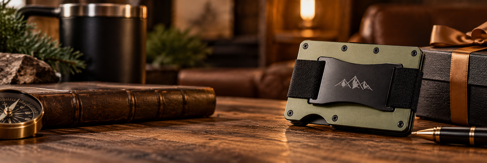 Wallets for Son collection banner featuring a green metal wallet with a black money clip, displayed on a rustic wooden table alongside a compass, leather journal, and gift box.