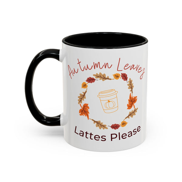 White mug with black handle featuring autumn-themed design and text on a white background