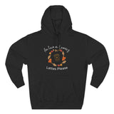 Black hoodie with autumn-themed design on a white background