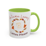 Mug with autumn-themed design and text on a white background