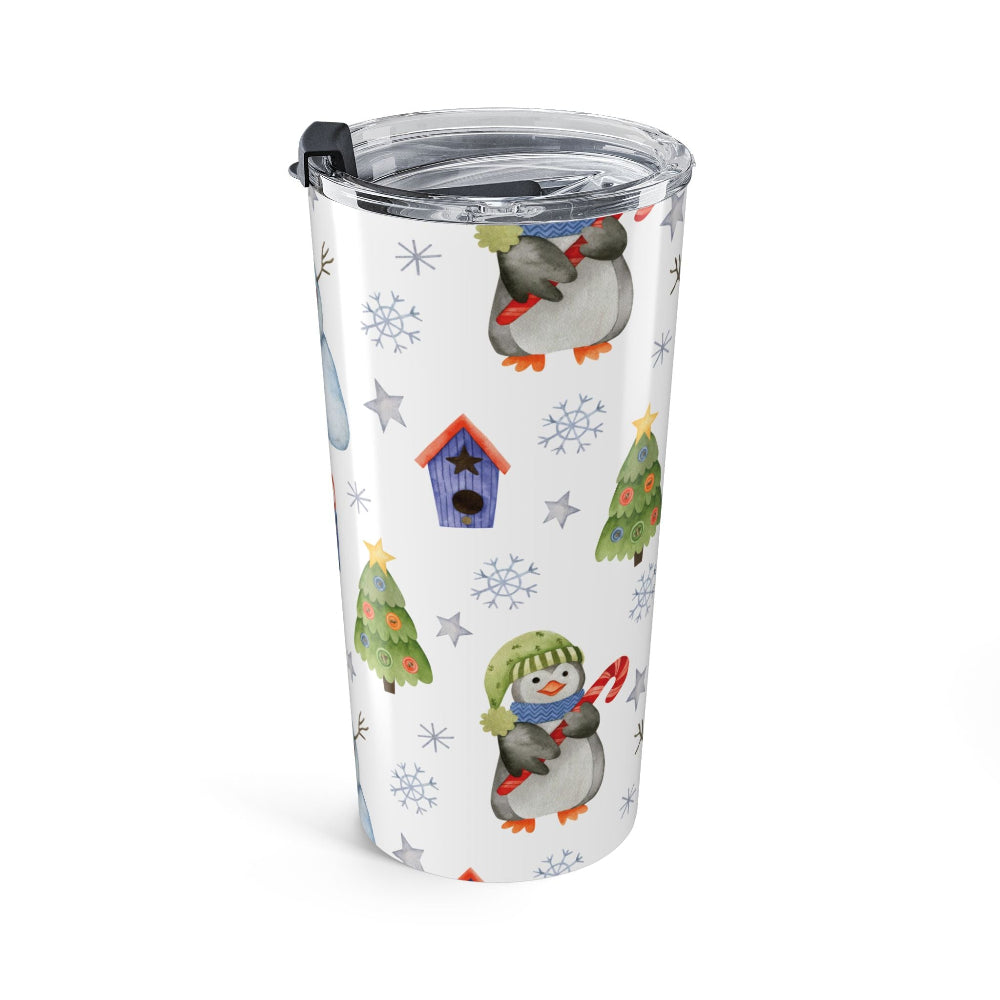 Tumbler with penguin design on a white background