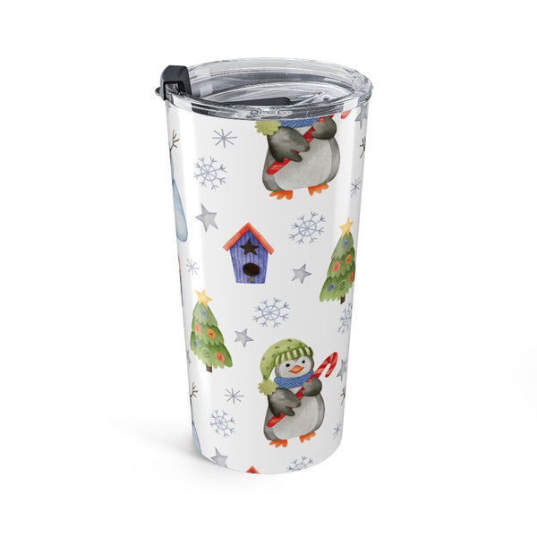 Tumbler with penguin design on a white background