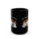 Black mug with ghost designs and text on a white background