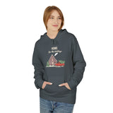 Person wearing a dark gray hoodie with a festive design on a white background