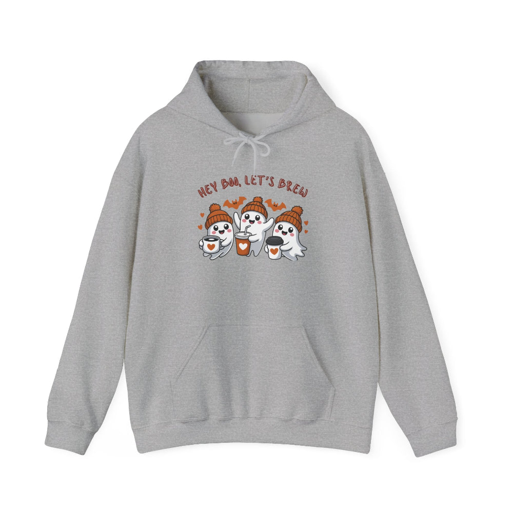 Gray hoodie with cartoon characters and text on a white background