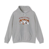 Gray hoodie with cartoon characters and text on a white background