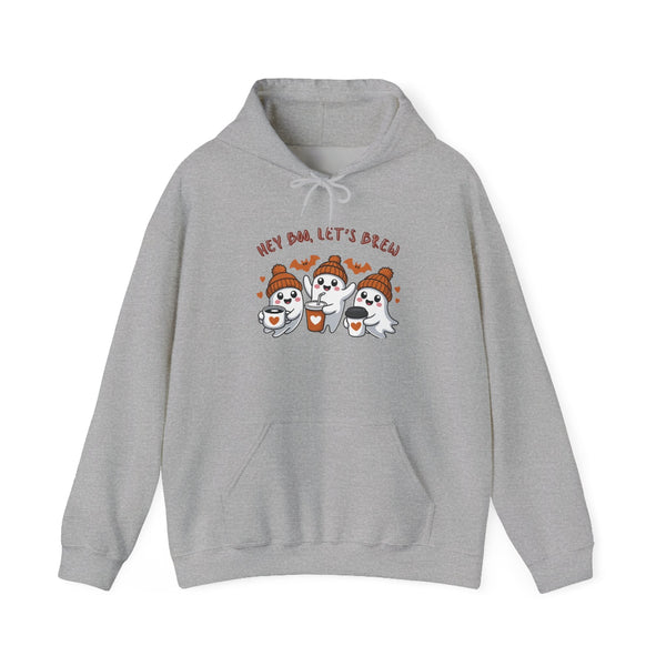 Gray hoodie with cartoon characters and text on a white background