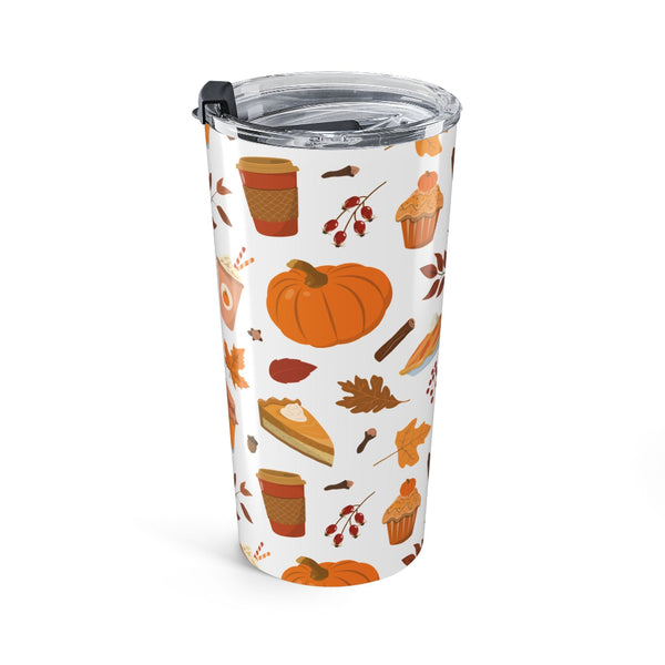 Clear tumbler with autumn-themed design on a white background