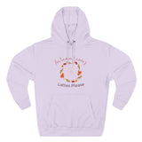 Lavender hoodie with autumn-themed design and text on a white background