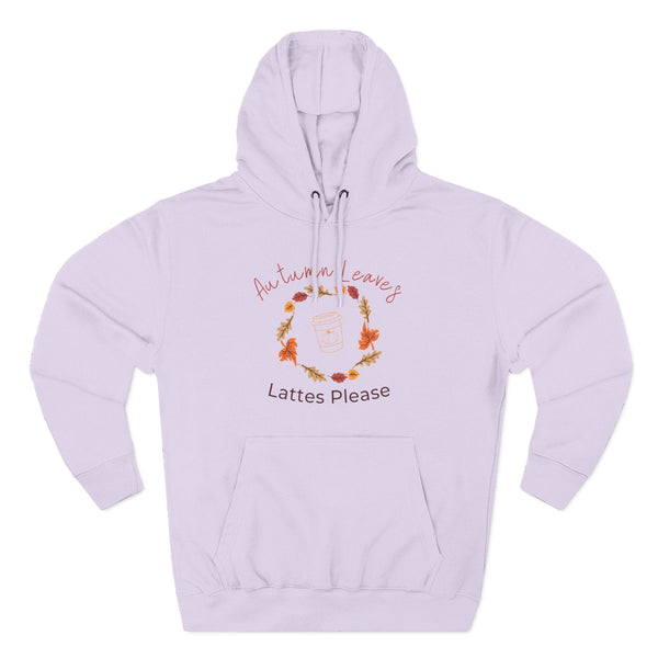 Lavender hoodie with autumn-themed design and text on a white background