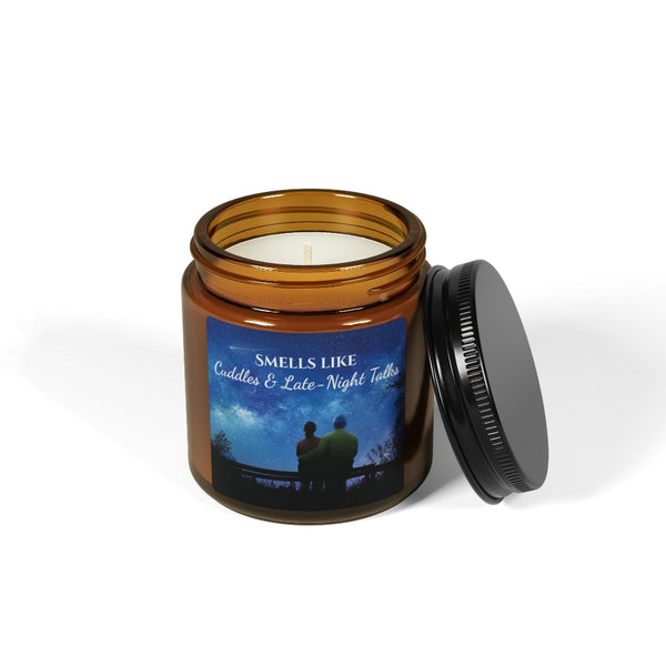 Candle in an amber jar with a label on a white background