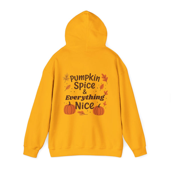 Yellow hoodie with 'Pumpkin Spice & Everything Nice' text and pumpkins on a white background