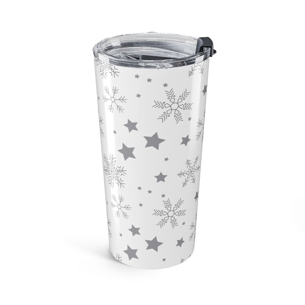 White tumbler with gray snowflakes and stars on a white background