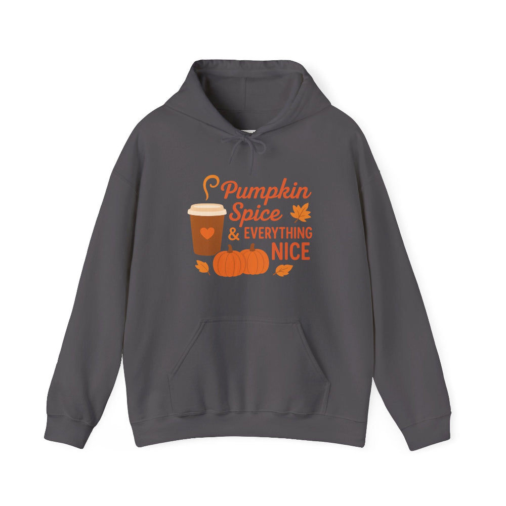 Gray hoodie with 'Pumpkin Spice & Everything Nice' text and graphics on a white background