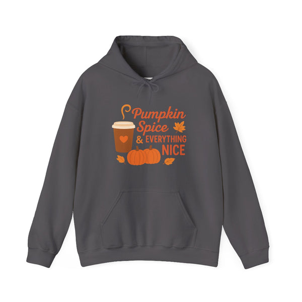 Gray hoodie with 'Pumpkin Spice & Everything Nice' text and graphics on a white background