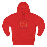 Red hoodie with a graphic design on a white background