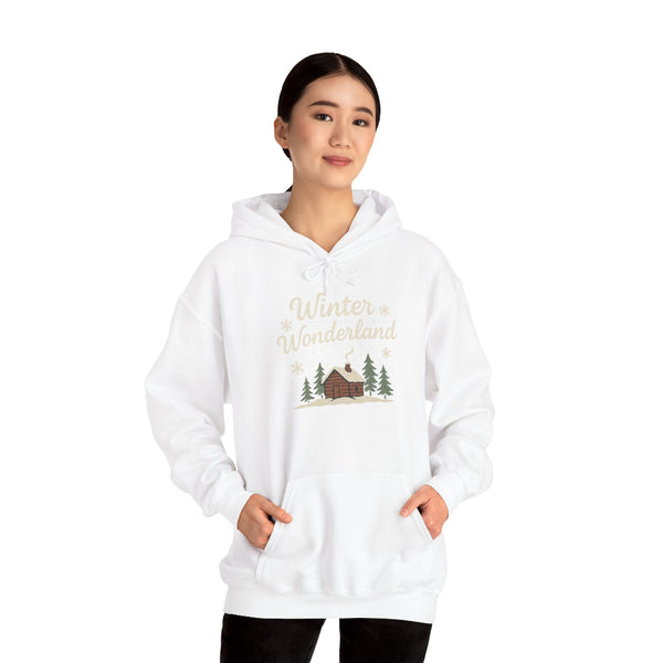 Person wearing a white hoodie with a winter wonderland design on a white background