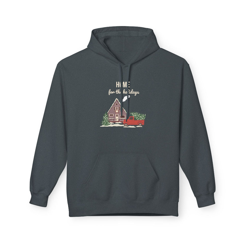 Dark gray hoodie with a printed design of a house and truck on a white background