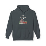 Dark gray hoodie with a printed design of a house and truck on a white background