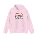 Pink hoodie with cartoon ghosts and text on a white background