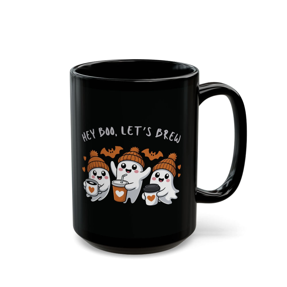 Black mug with Halloween-themed design featuring ghosts and text 'Hey Boo, Let's Brew' on a white background.
