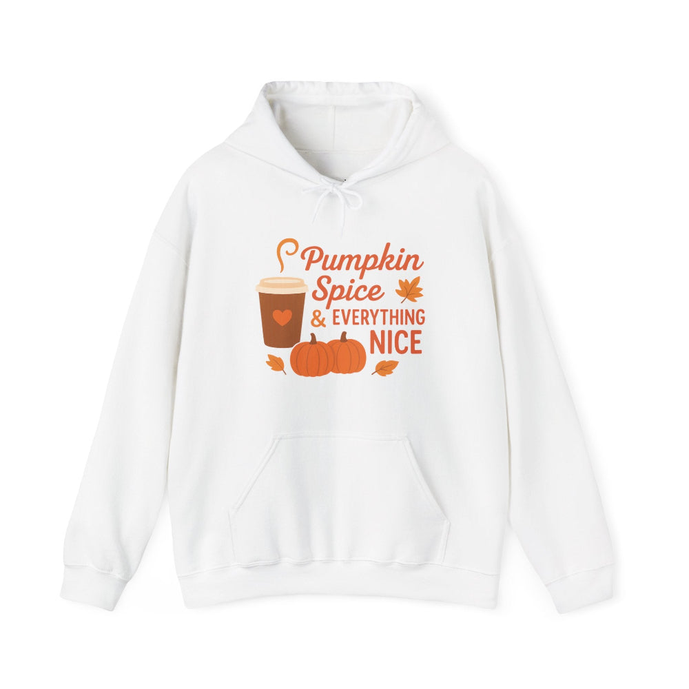 White hoodie with 'Pumpkin Spice & Everything Nice' text and graphics on a white background