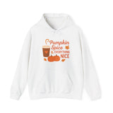 White hoodie with 'Pumpkin Spice & Everything Nice' text and graphics on a white background