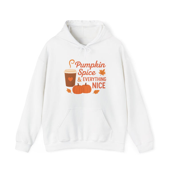 White hoodie with 'Pumpkin Spice & Everything Nice' text and graphics on a white background