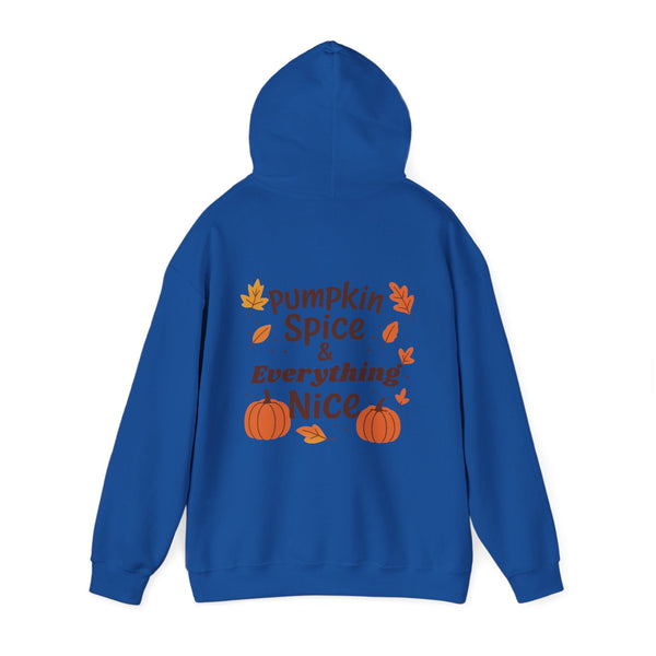 Blue hoodie with 'Pumpkin Spice & Everything Nice' text and pumpkins on the back, on a white background