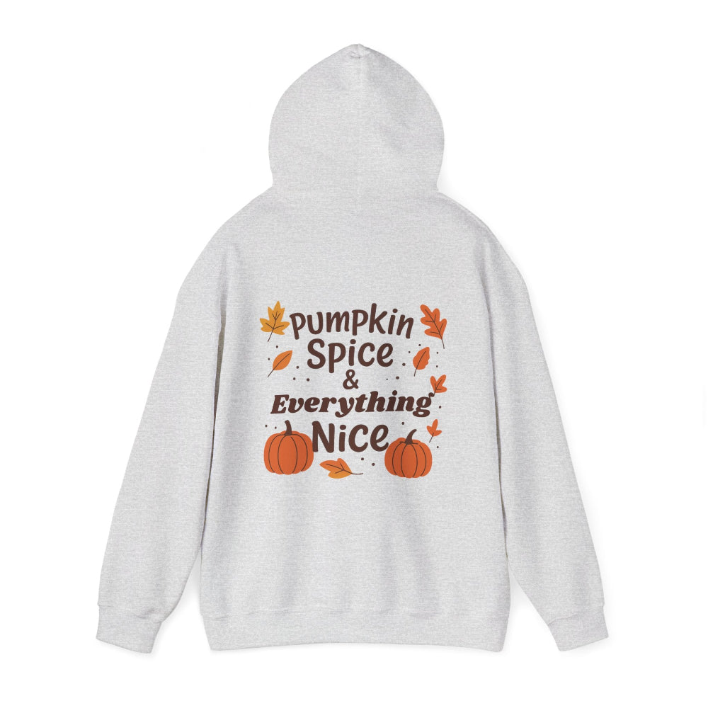Gray hoodie with 'Pumpkin Spice & Everything Nice' text and pumpkins on a white background
