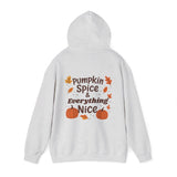 Gray hoodie with 'Pumpkin Spice & Everything Nice' text and pumpkins on a white background