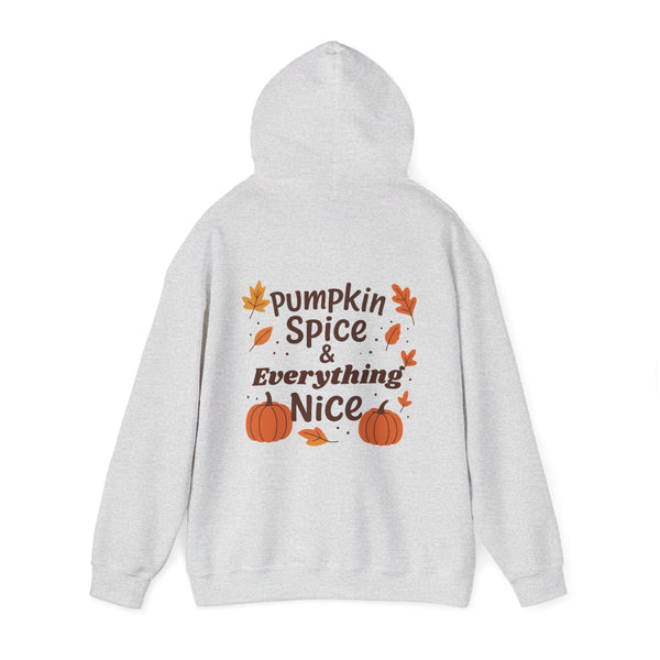 Gray hoodie with 'Pumpkin Spice & Everything Nice' text and pumpkins on a white background