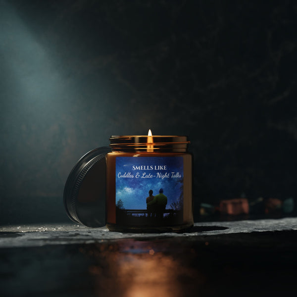 Candle in a jar with a label on a dark background