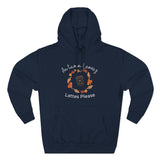 Navy blue hoodie with autumn-themed design on a white background