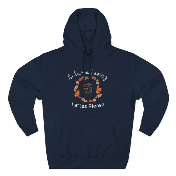 Navy blue hoodie with autumn-themed design on a white background