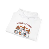 Folded white shirt with ghost design and text 'Hey Bo, Let's Brew' on a white background