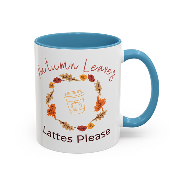 Mug with autumn-themed design and text on a white background